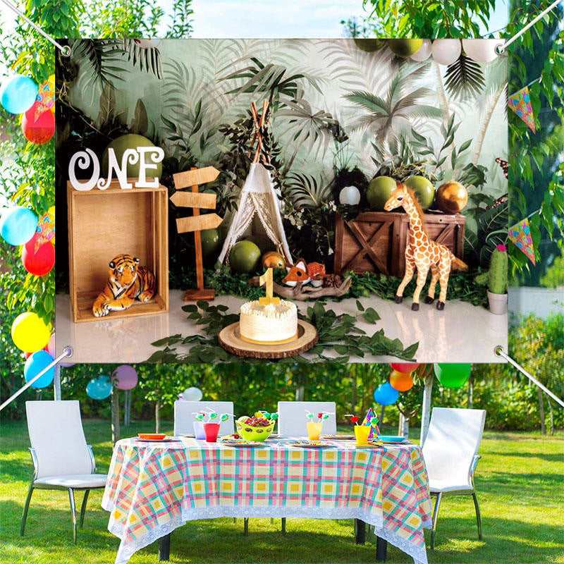 Aperturee - Safari Green Leaves 1st Birthday Cake Smash Backdrop