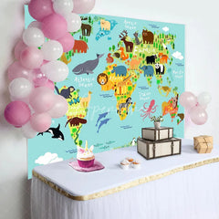 Aperturee - Safari Wild Animals World Map Baby Shower Backdrop