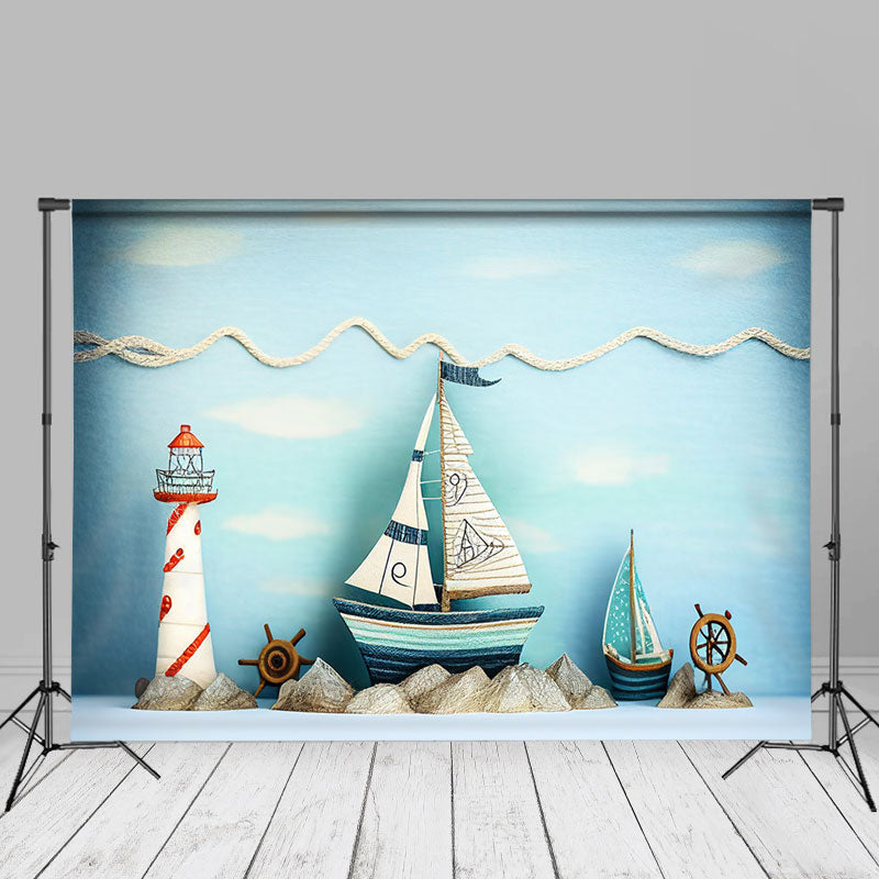 Aperturee - Sailboat Lighthouse Decor Blue Photo Birthday Backdrop
