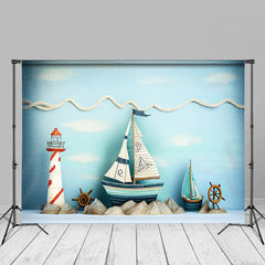 Aperturee - Sailboat Lighthouse Decor Blue Photo Birthday Backdrop