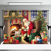 Aperturee - Santa And Puppy Fireplace Gift Christmas Backdrop