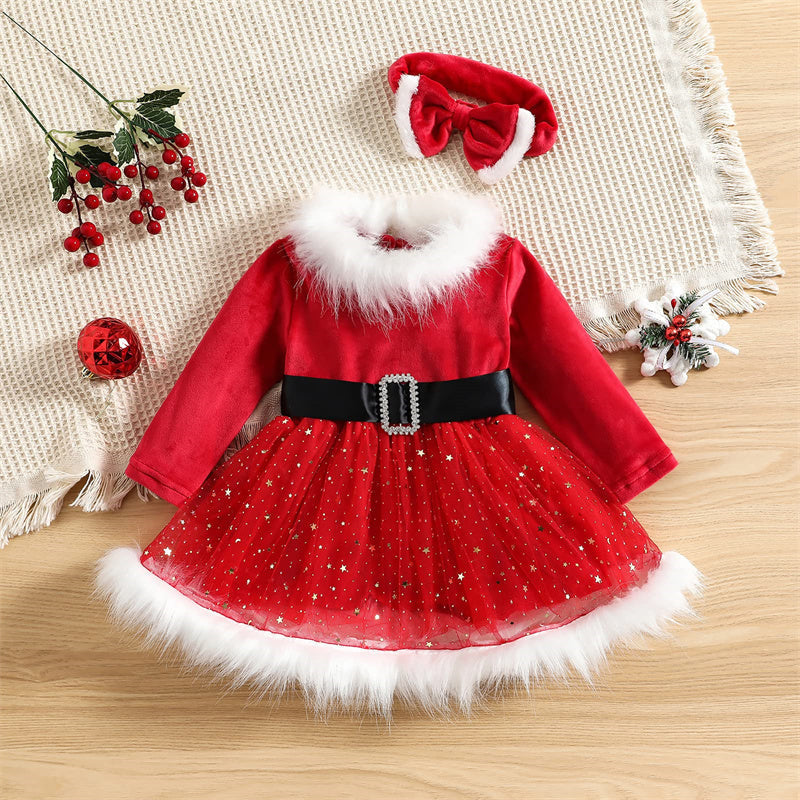 Aperturee - Santa Claus Red Tulle Fur Collar Party Kids Dress