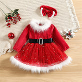 Aperturee - Santa Claus Red Tulle Fur Collar Party Kids Dress