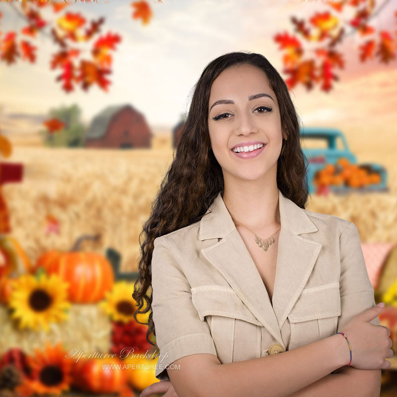 Aperturee - Scarecrow Maples Pumpkins Wheat Harvest Autumn Backdrop