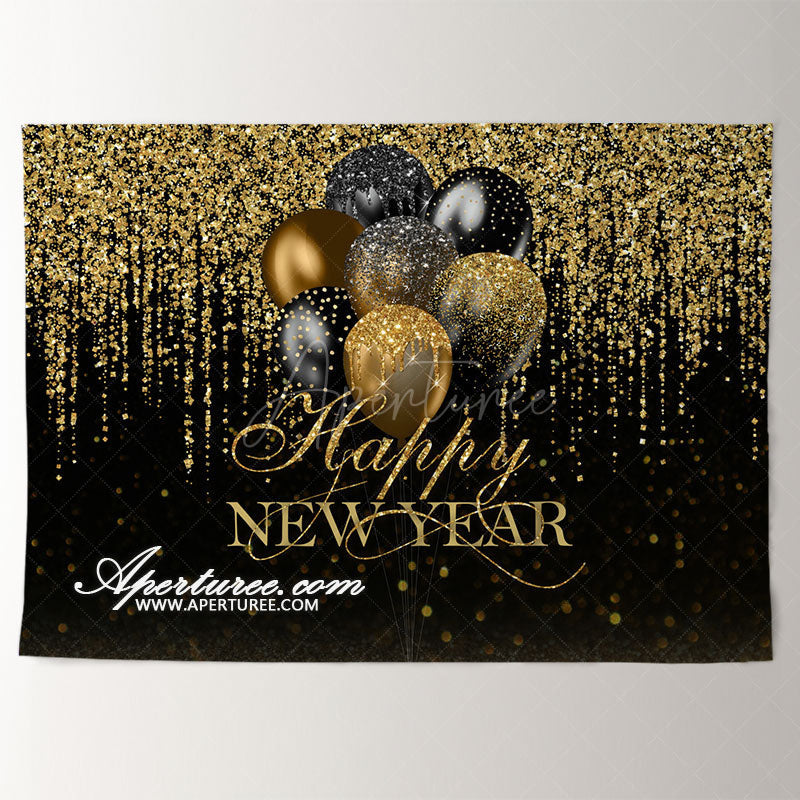 Aperturee - Sequin Like Black Gold Balloon New Year Backdrop