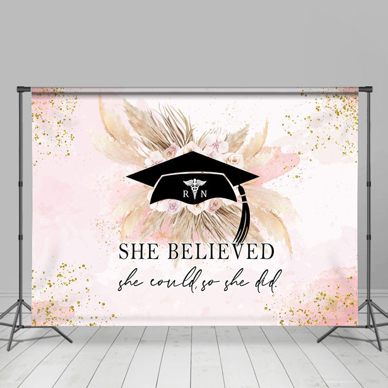 Aperturee - She Believed Pink Floral Boho Graduation Backdrop