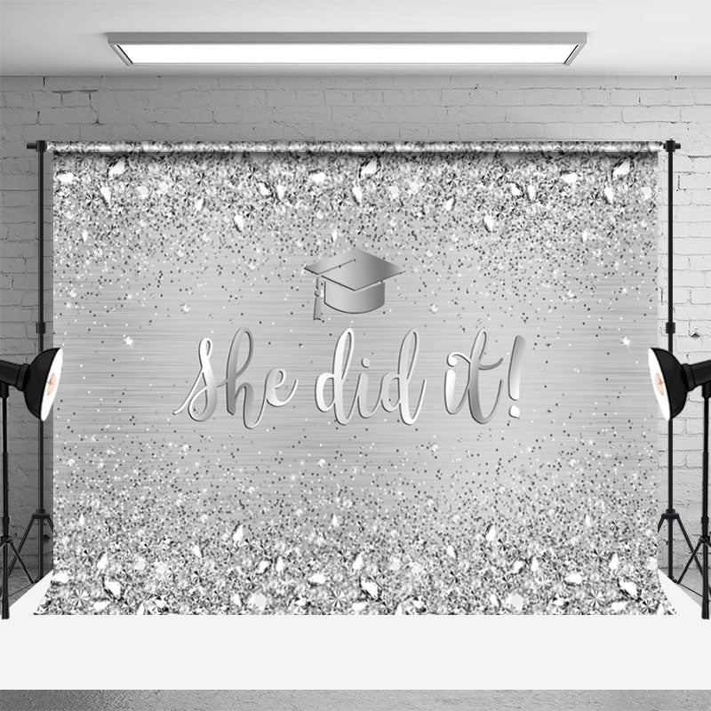 Aperturee - She Did Glitter Silver Diamonds Graduation Backdrop
