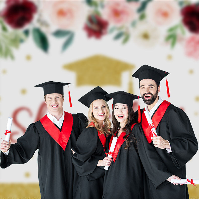 Aperturee - She Did It Floral Gold Glitter Grad Photo Backdrop