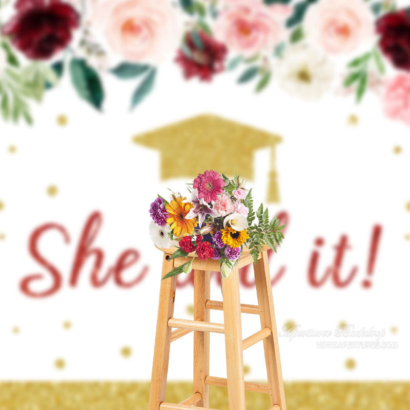 Aperturee - She Did It Floral Gold Glitter Grad Photo Backdrop