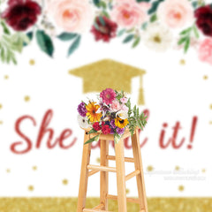 Aperturee - She Did It Floral Gold Glitter Grad Photo Backdrop