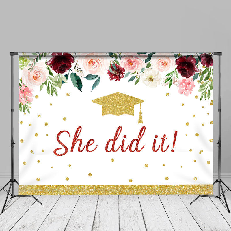 Aperturee - She Did It Floral Gold Glitter Grad Photo Backdrop