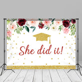 Aperturee - She Did It Floral Gold Glitter Grad Photo Backdrop