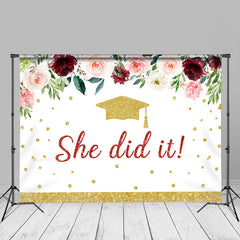 Aperturee - She Did It Floral Gold Glitter Grad Photo Backdrop