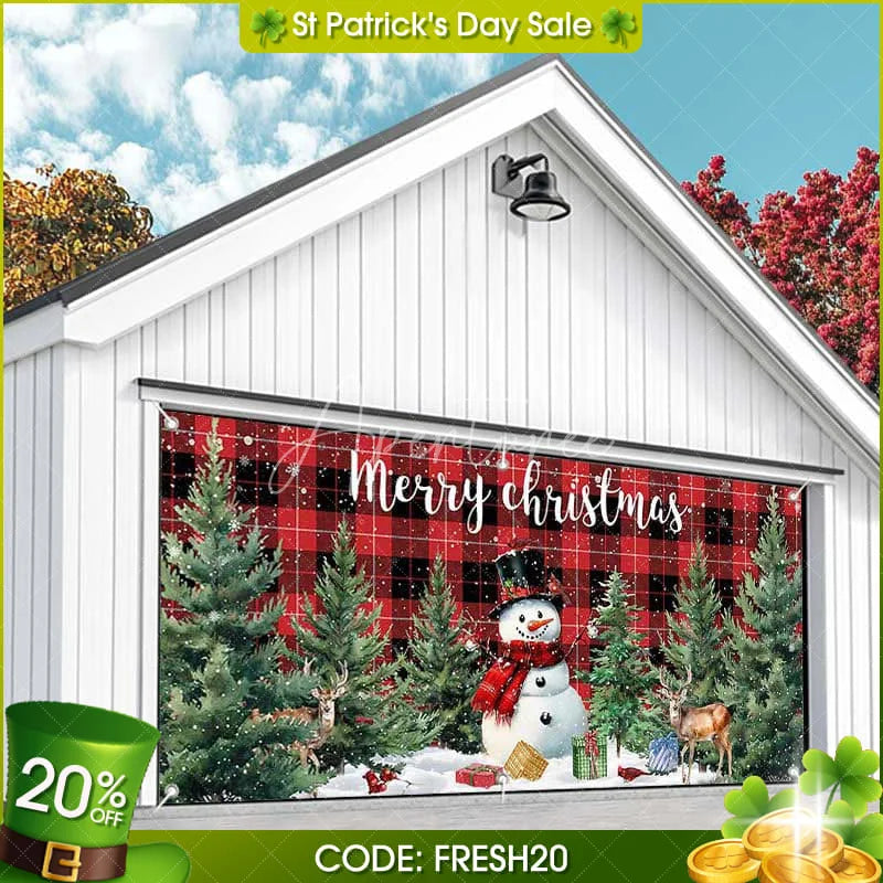 Aperturee - (Ship In 24HR) Aperturee Red Black Plaid Snowman Christmas Garage Door Banner
