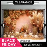 Aperturee - (Ship In 24HR) Boho Floral Bulrush Pumpkin Photo Booth Backdrop