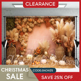 Aperturee - (Ship In 24HR) Boho Floral Bulrush Pumpkin Photo Booth Backdrop