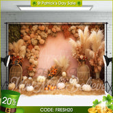 Aperturee - (Ship In 24HR) Boho Floral Bulrush Pumpkin Photo Booth Backdrop