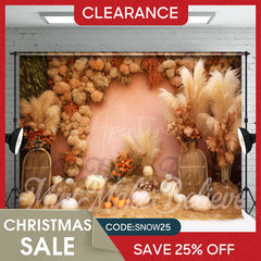 Aperturee - (Ship In 24HR) Boho Floral Bulrush Pumpkin Photo Booth Backdrop