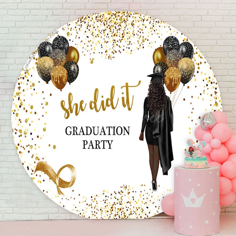 Aperturee - Glitter Black Gold She Did It Grad Round Backdrop
