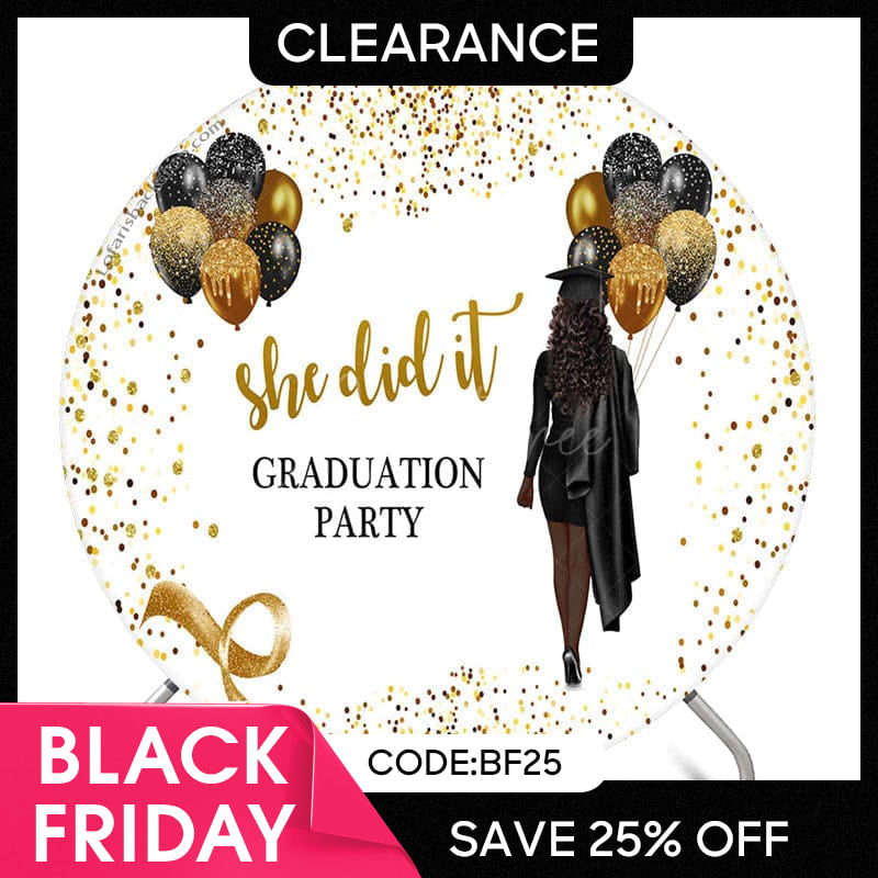 Aperturee - (Ship In 24HR) Glitter Black Gold She Did It Grad Round Backdrop