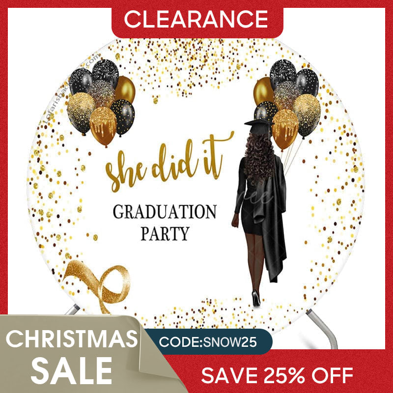 Aperturee - (Ship In 24HR) Glitter Black Gold She Did It Grad Round Backdrop