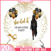 Aperturee - (Ship In 24HR) Glitter Black Gold She Did It Grad Round Backdrop