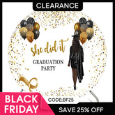 Aperturee - (Ship In 24HR) Glitter Black Gold She Did It Grad Round Backdrop