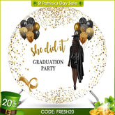 Aperturee - (Ship In 24HR) Glitter Black Gold She Did It Grad Round Backdrop