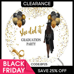 Aperturee - (Ship In 24HR) Glitter Black Gold She Did It Grad Round Backdrop
