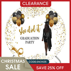 Aperturee - (Ship In 24HR) Glitter Black Gold She Did It Grad Round Backdrop