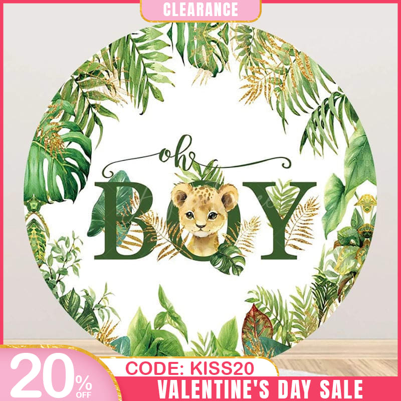 Aperturee - (Ship In 24HR) Round Safari Lion Oh Baby Gender Reveal Backdrop