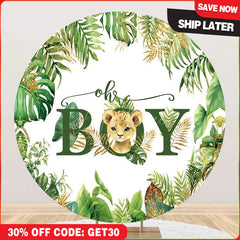 (Ship In 24HR) Round Safari Lion Oh Baby Gender Reveal Backdrop