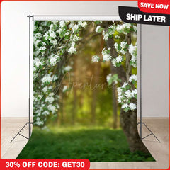 (Ship In 24HR) White Flower Forest Grass Bokeh Spring Photo Backdrop