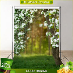 (Ship In 24HR) White Flower Forest Grass Bokeh Spring Photo Backdrop