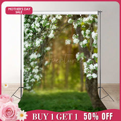 (Ship In 24HR) White Flower Forest Grass Bokeh Spring Photo Backdrop