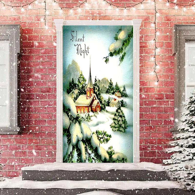 Aperturee - Silent Night Snowy House Tree Christmas Door Cover