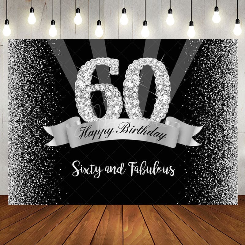 Aperturee - Silver And Black Glitter Happy 60Th Birthday Backdrop