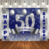 Aperturee - Silver And Blue Bokeh Glitter Happy 50th Birthday Backdrop