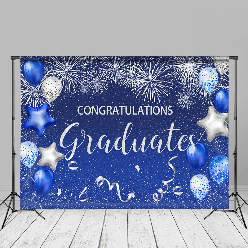 Aperturee - Silver Blue Balloons Glitter Congrats Grad Backdrop