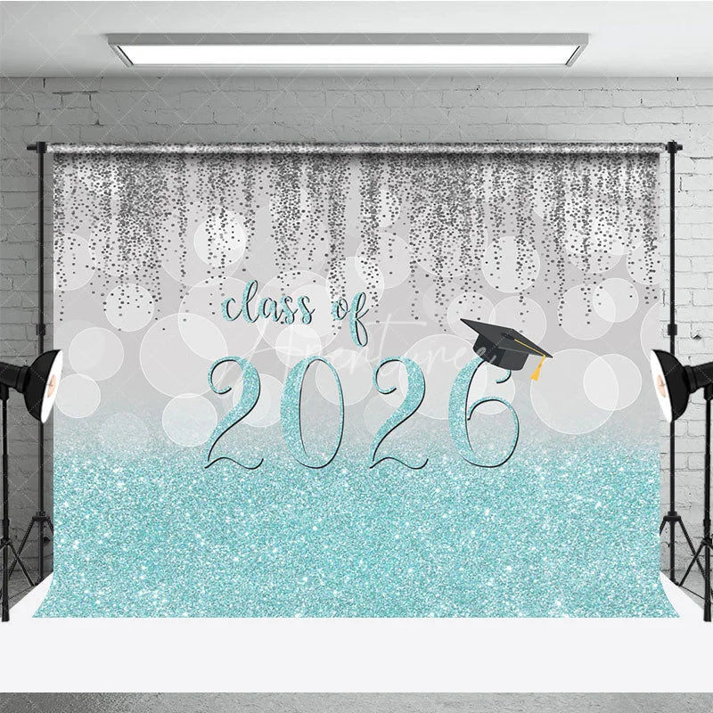 Aperturee - Silver Blue Glitter Class Of 2026 Grad Photo Backdrop