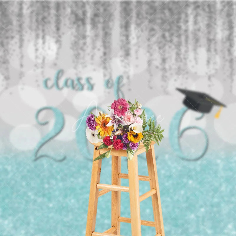 Aperturee - Silver Blue Glitter Class Of 2026 Grad Photo Backdrop