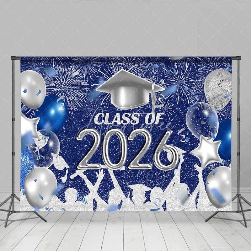Aperturee - Silver Blue Sparkle Balloon Graduation Backdrop