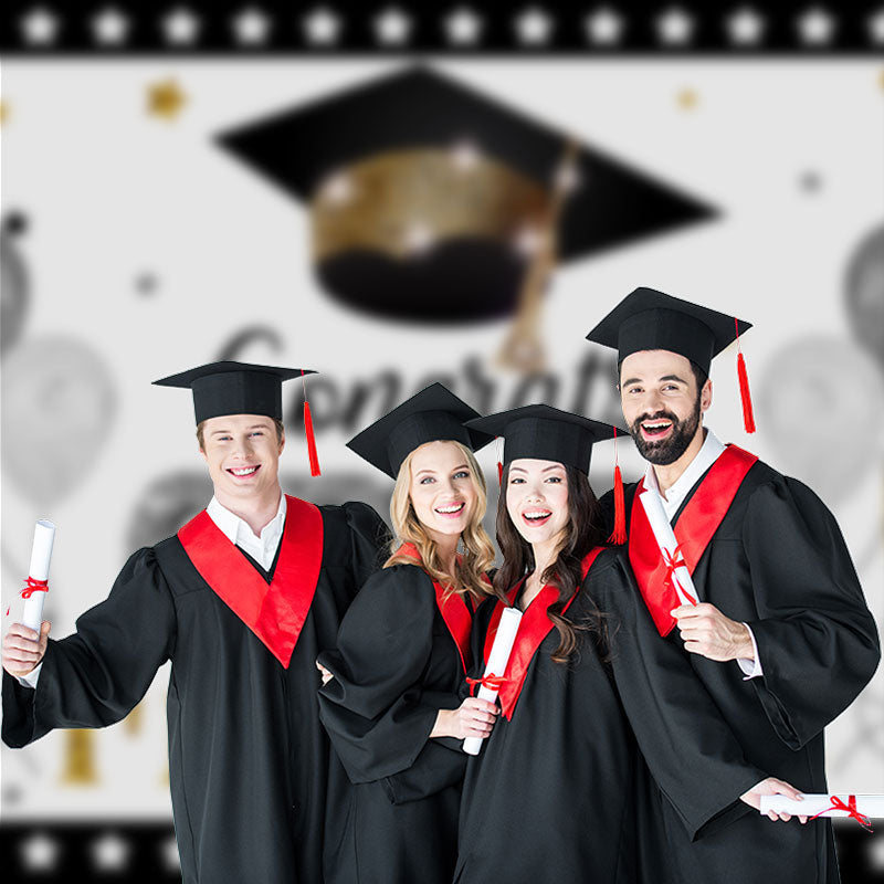 Aperturee - Silver Gold Glitter Balloon Grad Cap Photo Backdrop