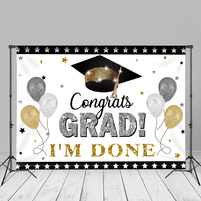 Aperturee - Silver Gold Glitter Balloon Grad Cap Photo Backdrop