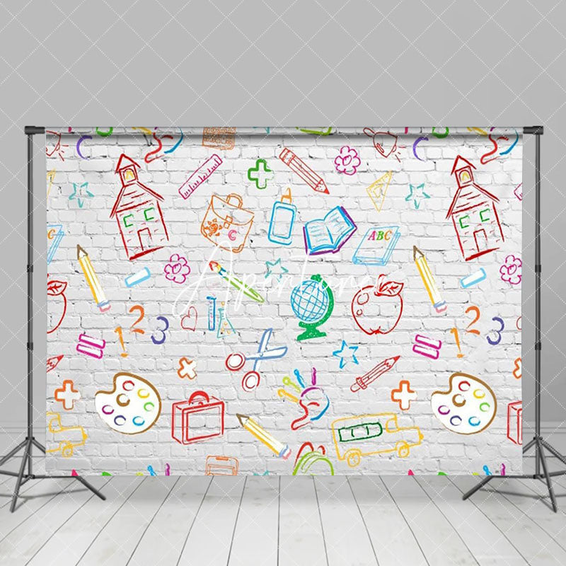 Aperturee - Simple Lines White Brick Wall Back To School Backdrop