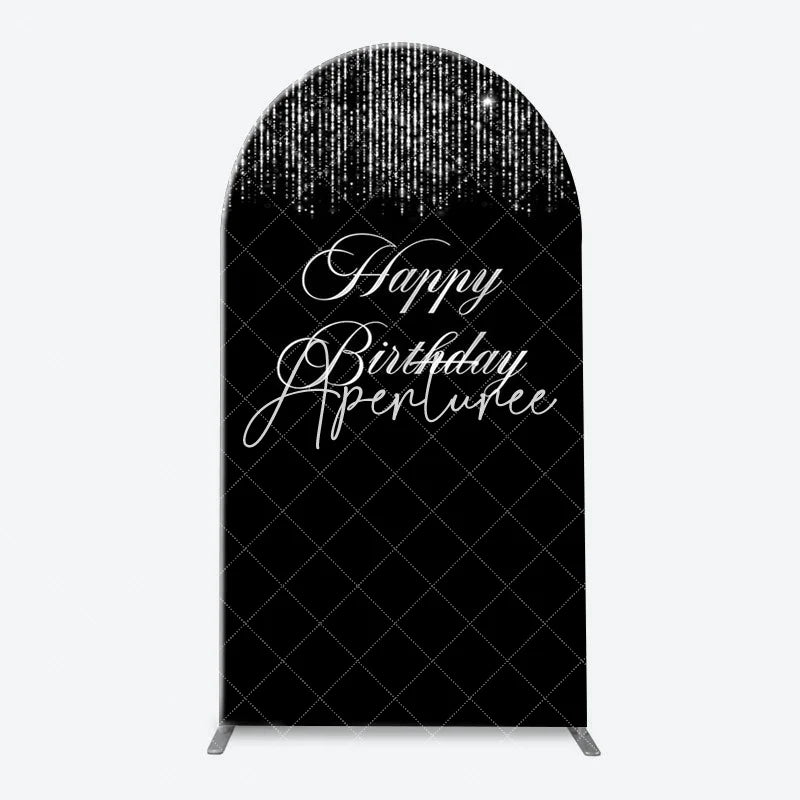 Aperturee - Simple Silver Sparkling Black Arch Birthday Backdrop