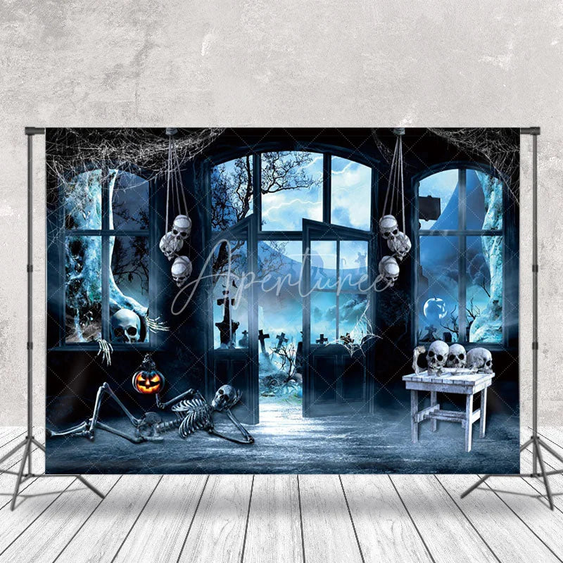 Aperturee - Skeleton Scary Moon Haunted House Halloween Backdrop