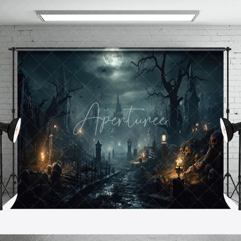 Aperturee - Skull Pile Spooky Castle Night Halloween Backdrop