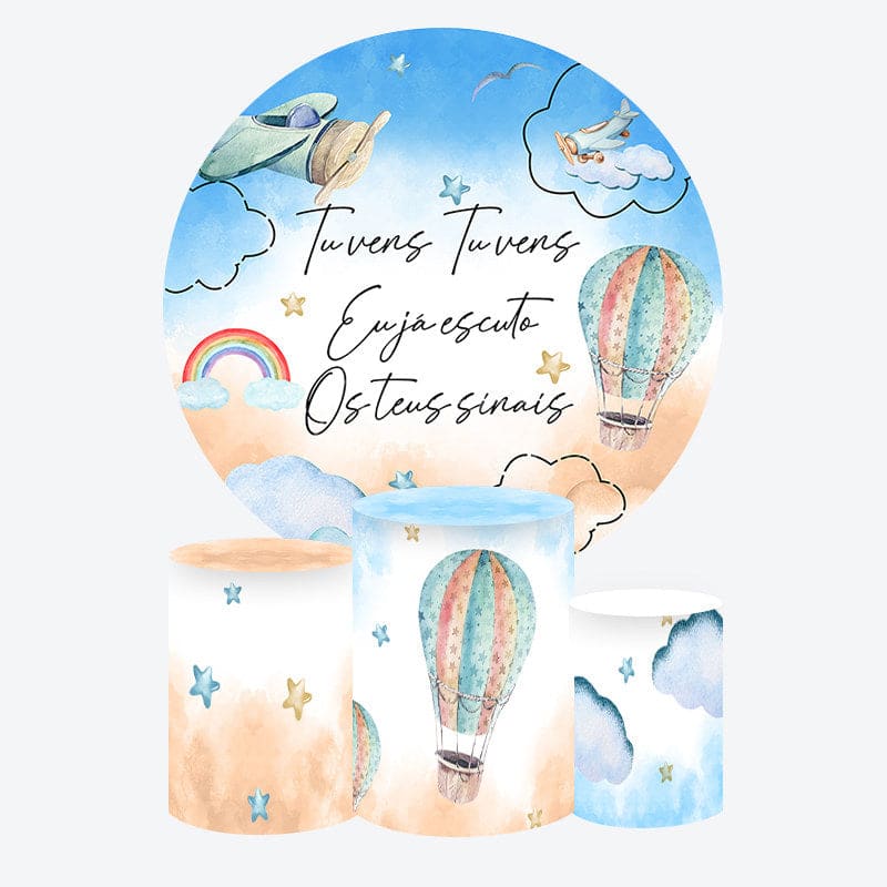 Aperturee - Sky Cloud Hot Air Balloons Round Birthday Backdrop Kit