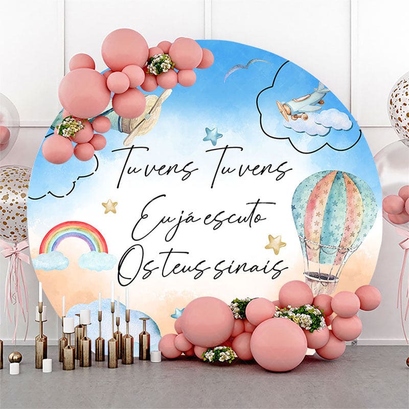Aperturee - Sky Cloud Hot Air Balloons Round Birthday Backdrop Kit